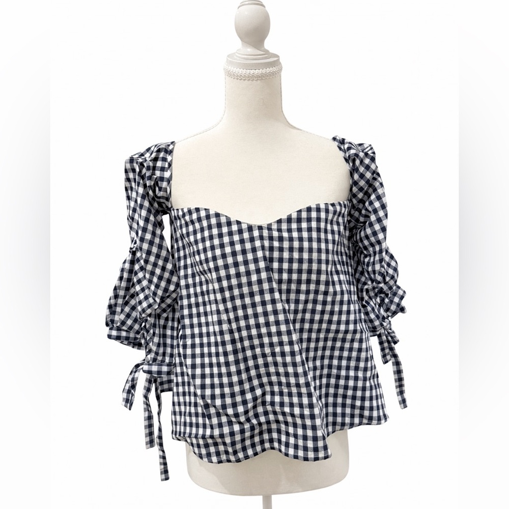Haute Rogue Gingham Puff Sleeve Crop Top Black White Size M